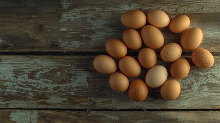 Cluster of brown and beige eggs on wooden surface