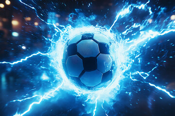 Fototapeta premium Electrifying soccer ball surrounded by blue lightning in a dynamic, energetic atmosphere