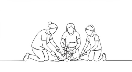 People Planting Seedling Together Line Art Illustration