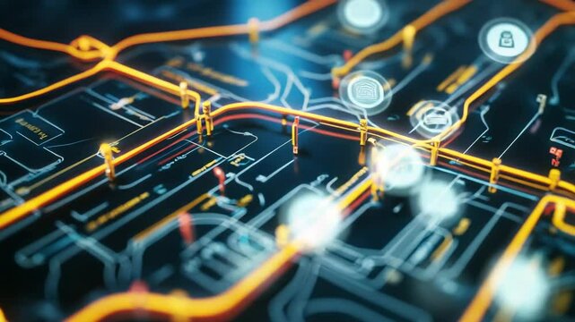 A map of a city with a bunch of icons on it. The icons are of various shapes and sizes, and they are scattered all over the map. The map is orange and white, and it looks like a 3D rendering of a city