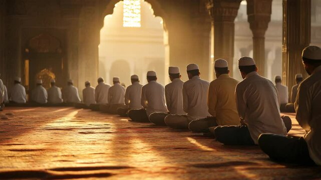 A large group of people are gathered in a room with arches above them, and the sun is shining through the openings. The atmosphere is calm and tranquil, as everyone is sitting and meditating together