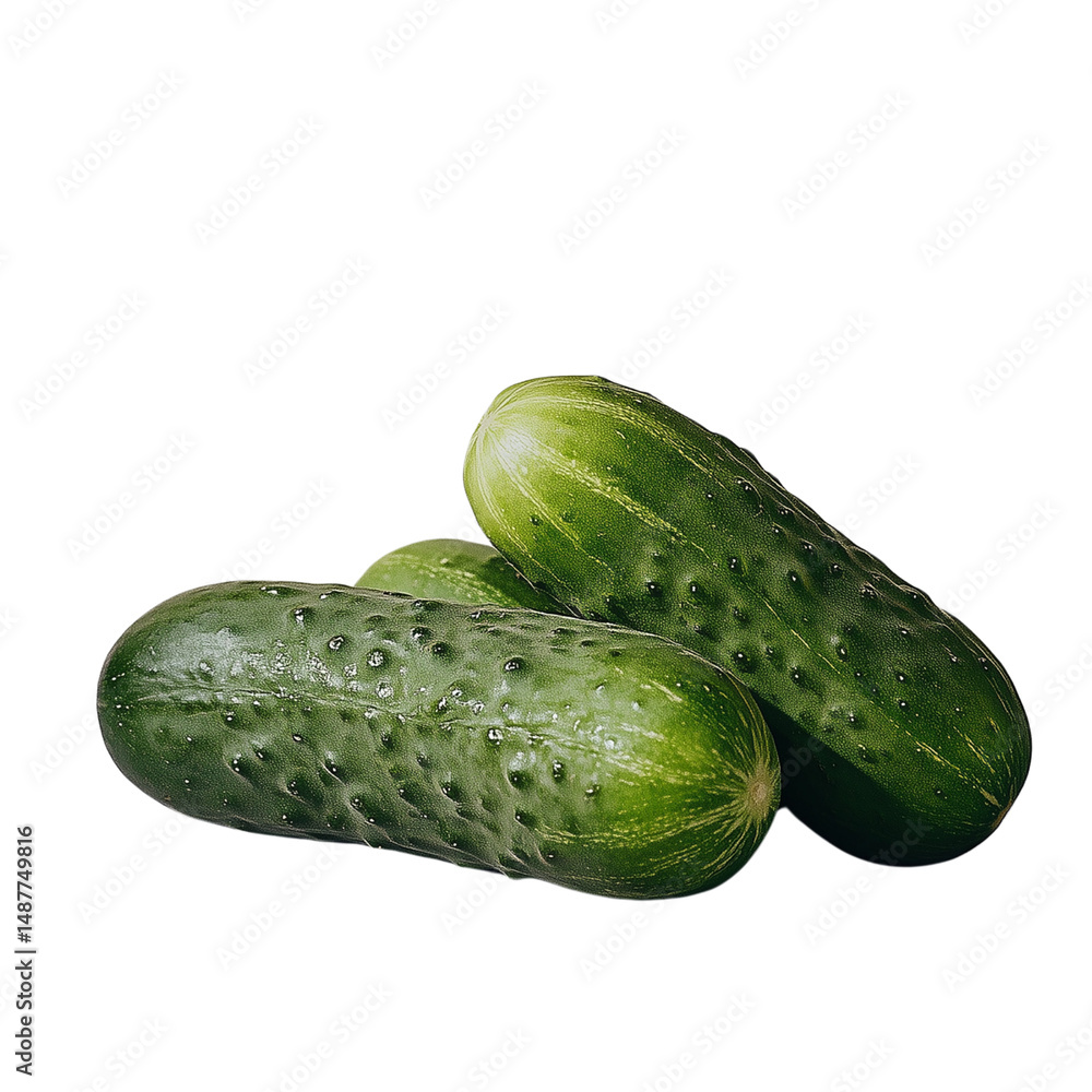 Poster two fresh cucumbers with a smooth, green skin and slight texture variations. isolated on white backg