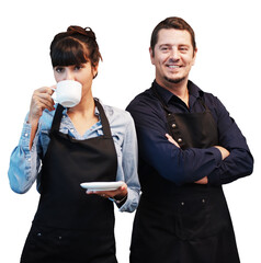 Caucasian Young barista couple love is wearing apron and working in the coffee shop. Woman is drinking hot coffee with her husband for start up small cafe business 