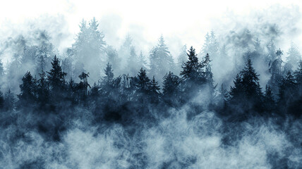 Mysterious foggy forest with silhouetted trees in a misty, atmospheric landscape.