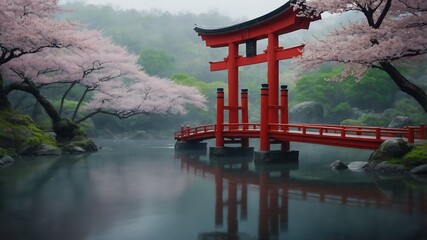 Red torii gate and bridge over water with cherry blossom trees.