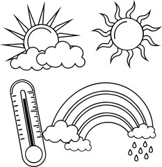 Weather icon set with sun, cloud, rain, and snow symbols for forecast illustration