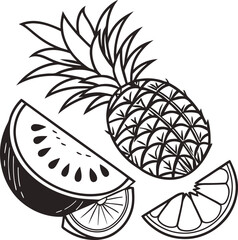 A vector illustration displays an apple and an orange fruit with a floral leaf pattern, showcasing a blend of nature's design and vintage art