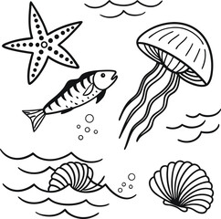 This vector set showcases a variety of marine life and seashells, perfect for ocean-themed illustrations and designs