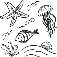 This vector cartoon illustration set features a seamless pattern of marine sea life, including fish, shells, starfish, octopus, dolphin, and other tropical underwater animals, perfect for an aquarium 