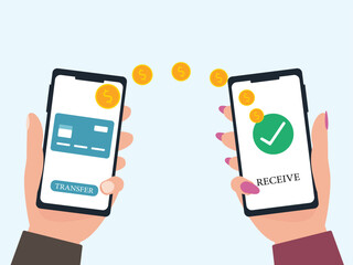 Smartphones in the hand with money and credit card on a screen online money transfer concept Vector illustration.