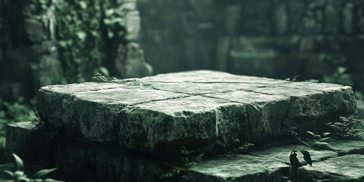 Aged stone platform amidst overgrown ruins