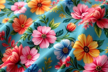 Colorful floral fabric sample, vibrant blooms on soft material, home, soft