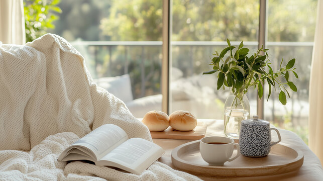 A cozy bathrobe, fresh coffee, and a good book—your perfect Sunday reset on a sunny morning, blending relaxation and refreshment to wash away the week’s fatigue.