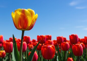 Fototapeta premium Close up of a yellow and red tulip in a field of red tulips under a blue sky