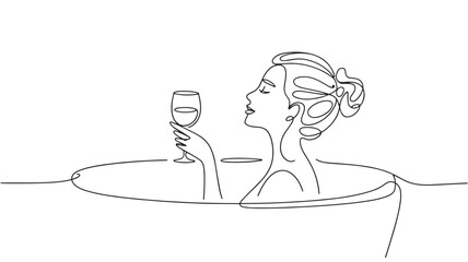 Vector  silhouette of a  girl with a glass of wine simple one line drawing 