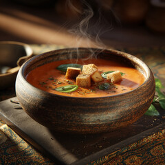A steaming bowl of creamy tomato soup garnished with basil and croutons, rustic ceramic bowl