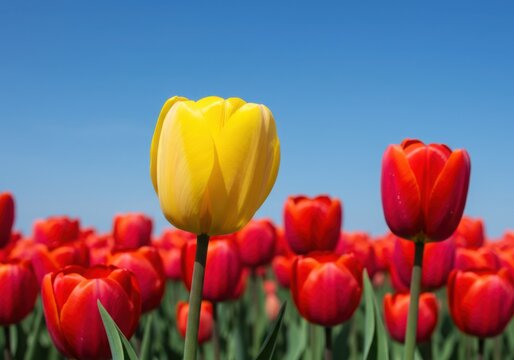 Field of red tulips with a single yellow tulip against a clear blue sky day