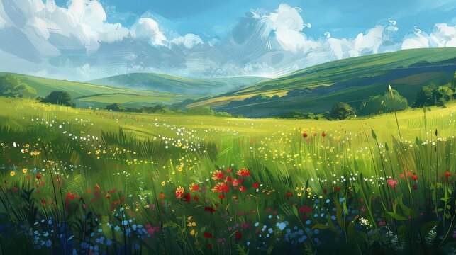 A painted landscape of rolling green hills under a blue sky with fluffy white clouds and a field of flowers