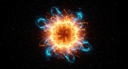 Glowing abstract energy effect with blue and orange sparks on dark background