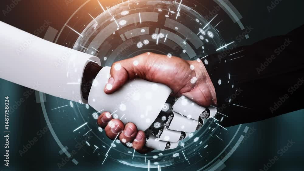Poster 3d rendering hominoid robot handshake to collaborate future technology development by ai thinking br