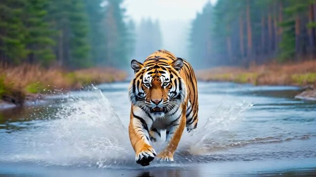 Tiger Charging Through River Splashing Water Slow Motion