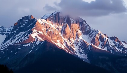 Majestic Mountain Peak Bathed in Golden Sunlight, Alberta, Canada in Winter.