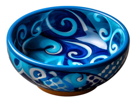 Hand-painted ceramic bowl with abstract patterns, isolated to transparent background
