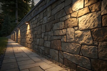 Stone Retaining Wall with Embedded Lighting Along a Paved Pathway at Dusk – Elegant Outdoor Landscape Design with Rustic Stone Texture and Warm Illumination generative ai