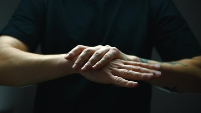 A man in a black T-shirt massages his sore hand.
Arm pain and intense massage.
Physiotherapy of the hand after injury.
Hand pinched.
Bruised and sprained arm