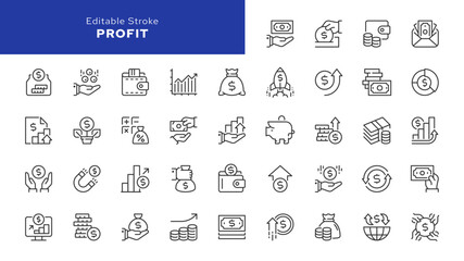 Profit line icon set. Money income, money savings, earnings, money, cash, investment, financial growth and more. Outline vector icon in linear style. Pictogram collection
