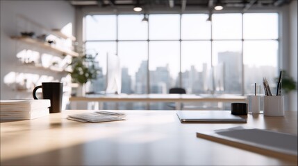 Modern Office Workspace with Minimalist Decor and City View Featuring Desk Accessories and Natural Light for Creative Inspiration and Productivity