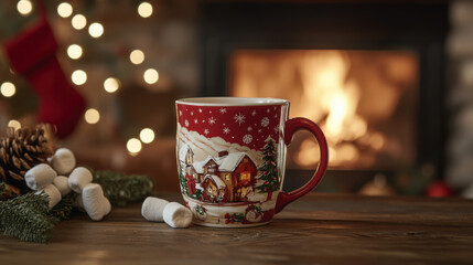 Obraz premium Holiday-themed coffee cup with Christmas design and marshmallows near fireplace decor.