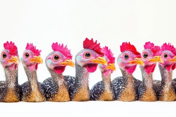 Fototapeta premium Several young guinea fowl keets lined up isolated on a white background