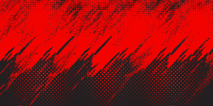 Dynamic red and black abstract background with grunge brush strokes and halftone dots, ideal for sports, action, or edgy graphic design.