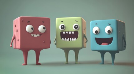 Fototapeta premium 3d characters basic shapes, a square, a rectangle, a sphere, a piramyd, funny, kawai, character design