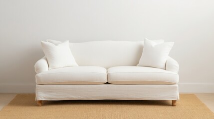 Stylish white couch in minimalist living room furniture display contemporary design cozy environment eye-level perspective