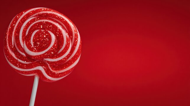 Bold red and white lollipop on vibrant background with space for text