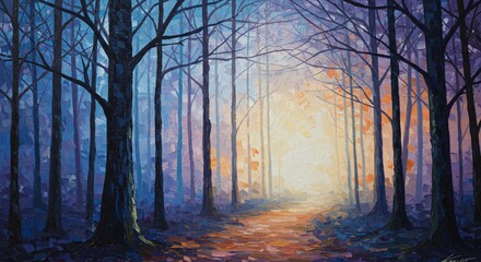 Fototapeta premium Impressionistic painting of trees lining a path with warm light shining through the forest