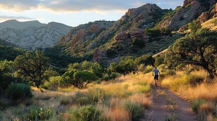 A man runs on a trail through tall grass with trees and mountains in the background at sunset light