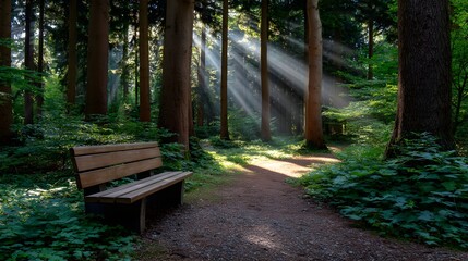 A bench placed beside a quiet forest path with light rays piercing through tall ancient trees