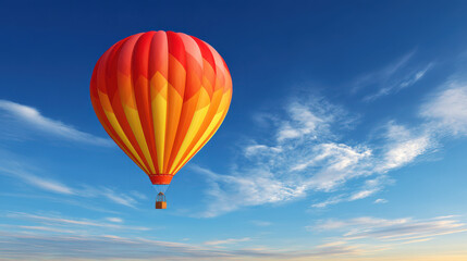 Fototapeta premium An eye-level view shows a vibrant orange and yellow hot air balloon soa through a bright blue sky with scattered clouds on a beautiful sunny day adventure.
