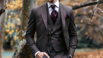 Man in a three piece suit with a purple tie and pocket square posing outdoors in an autumn setting