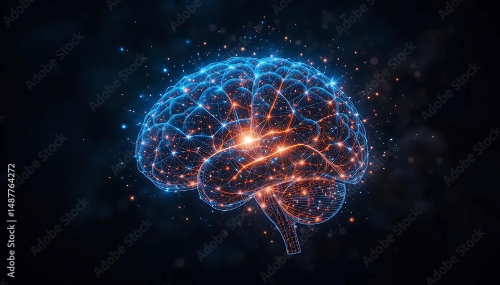 Poster brain model showing neural connections and activity