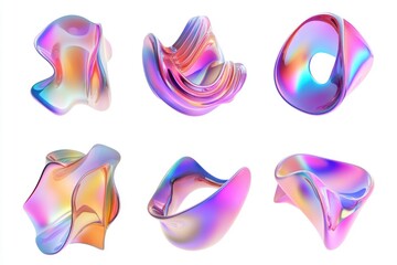 Set of abstract shapes with gradient freeform fluid holographic iridescent 3D render icon isolated on white background