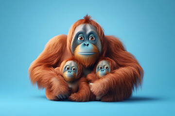 Adorable orangutan family embracing each other against a vibrant blue background, showcasing love