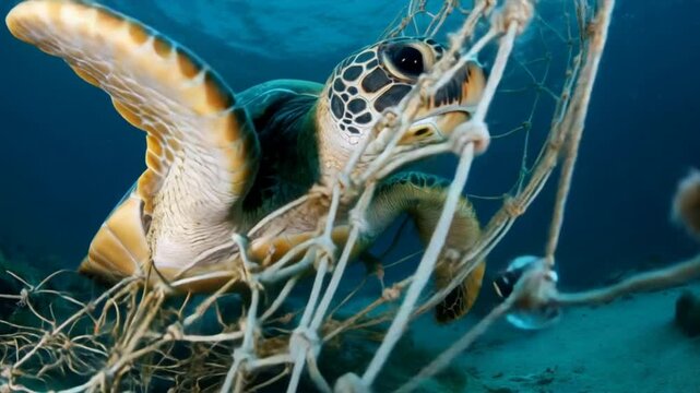 An underwater turtle entangled in fishing net, showcasing the impact of marine pollution on wildlife.