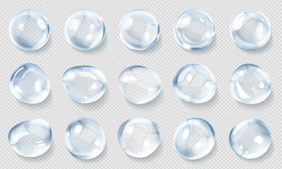 3d water drop, sea or rain droplet, liquid or fluid soap bubble, rainbow light glass ball, nature aqua air splash and shiny crystal balloon icon with holographic texture on transparent wet background.