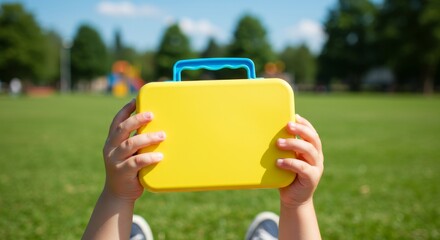 Child's hands holding a yellow lunchbox outdoors.