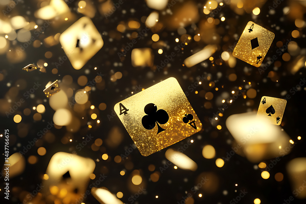 Poster floating golden playing cards with sparkling particles on a dark background, creating a festive atmo