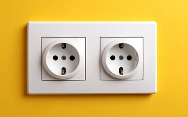 Una pared amarilla con una clavija de enchufe de la red el&eacute;ctrica